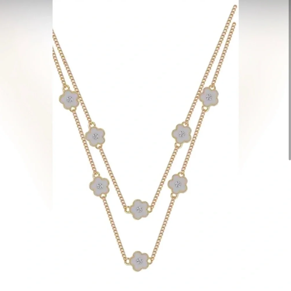 New Flower Shaped Charm Chain Necklace Double Chain - Picture 2 of 3